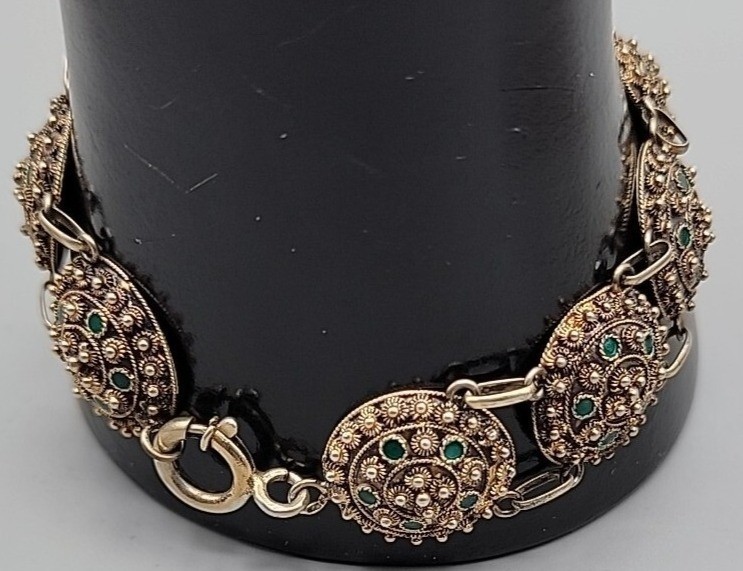 Antique Dutch 833 Silver Filigree Bracelet Green Glass Art Deco S-Hertogenbosch