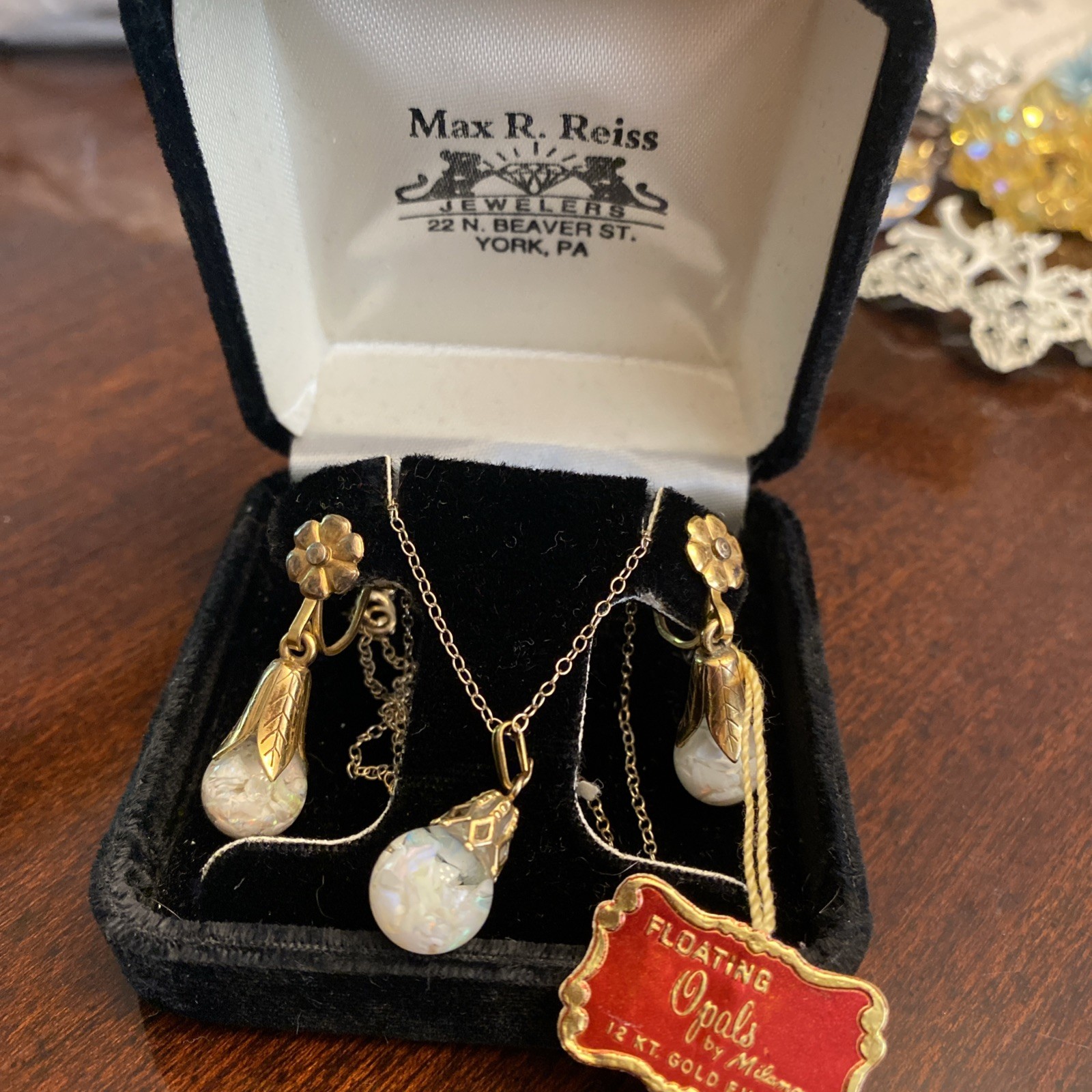 Vintage Floating Opal Earrings Screw Back Pendant Set Gold Filled Floral Drops