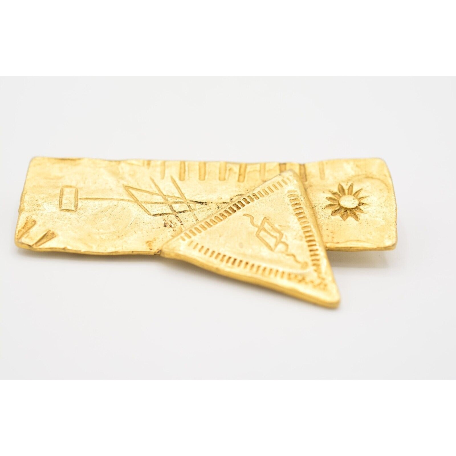 Vintage Hierograph Pin Brooch Brushed Gold Sacred Writing Reading 1980s BinAJ