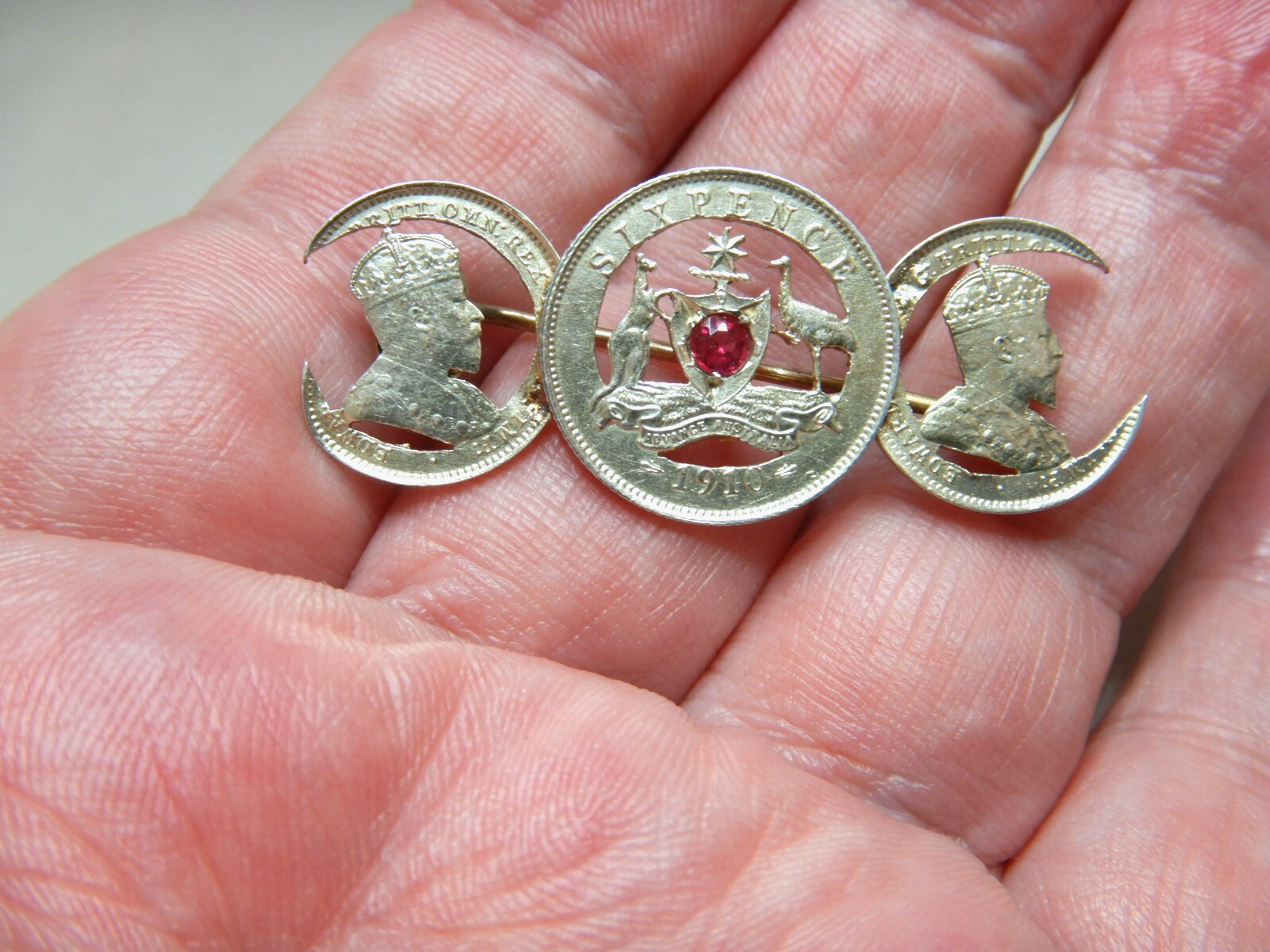 ANTIQUE GARNET SET AUSTRALIAN 1910 SILVER COINS BROOCH 3760