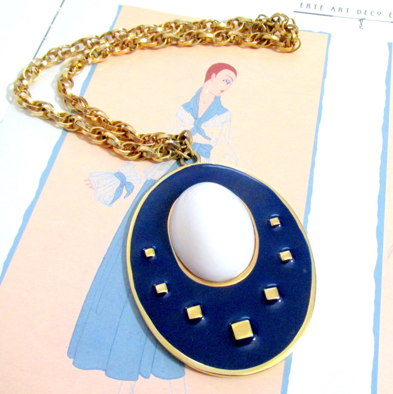Vtg Runway Rare NAPIER Blue Enamel White Cab Pendant Necklace Book Pc BERTOLLI