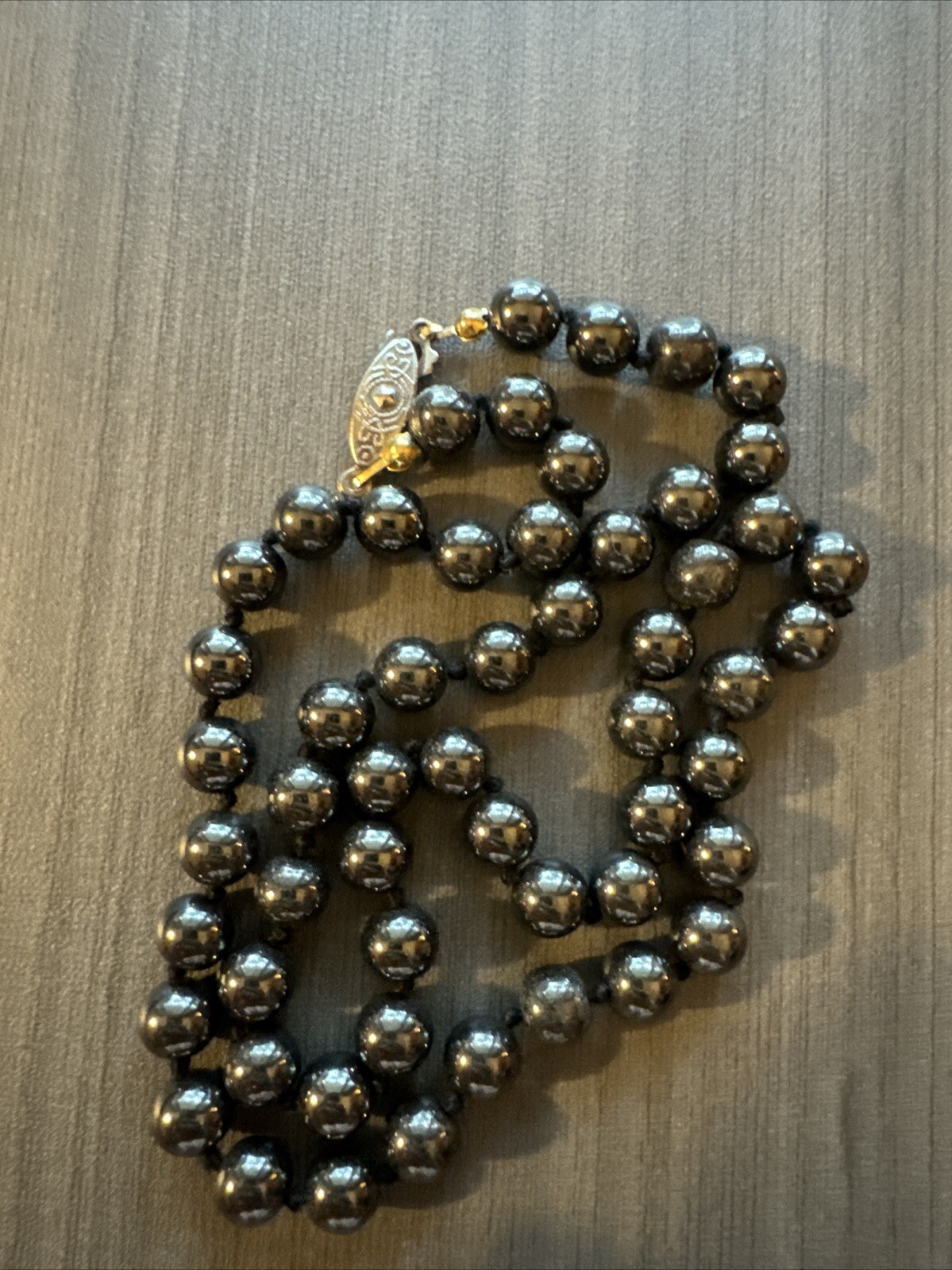 Vintage Heavy Black Hematite Stone Round Pearl Beads Necklace 19” #97