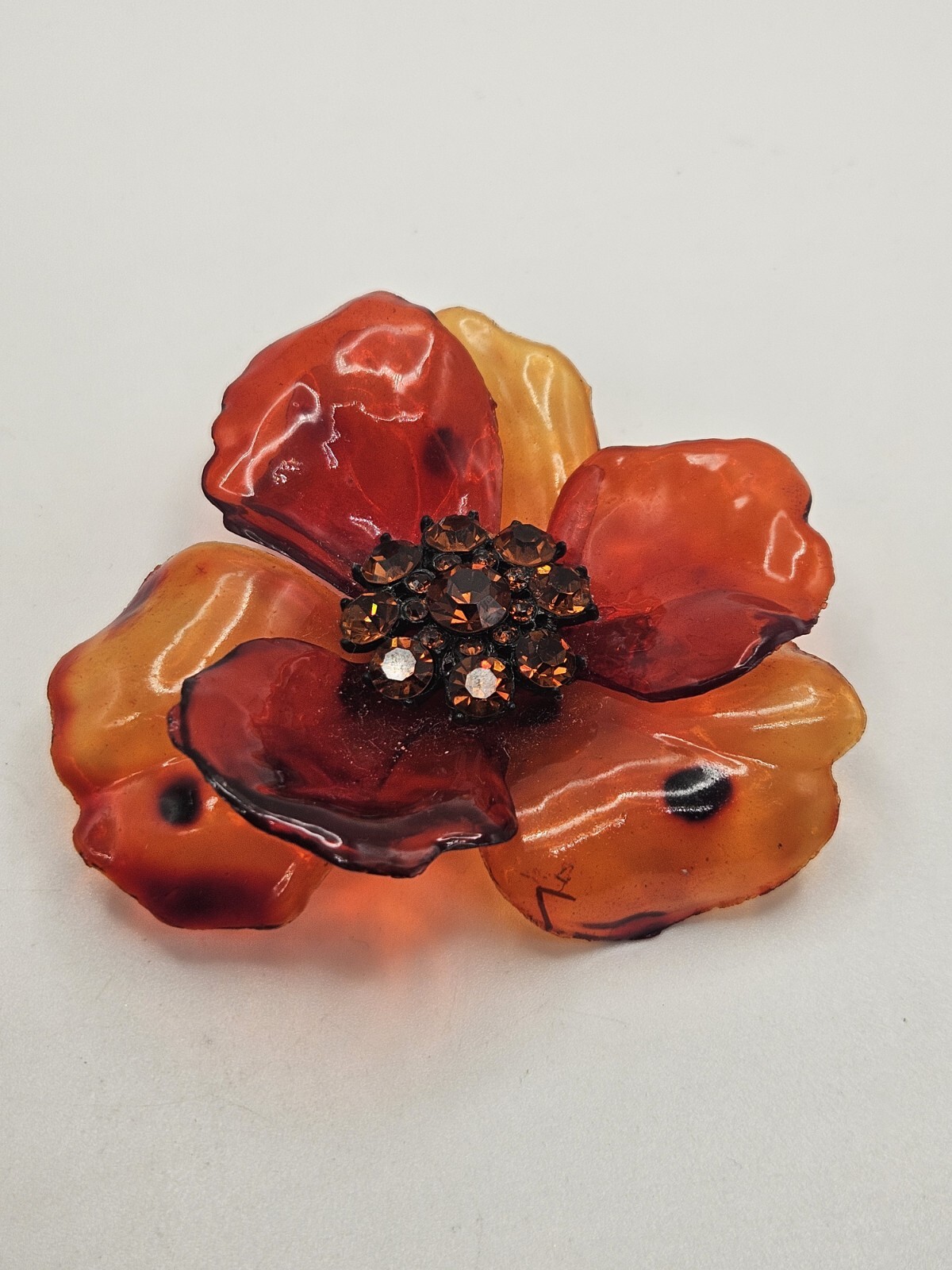 Vintage Orange Lucite Acetate Acrylic Topaz Rhinestone Flower Brooch Pin