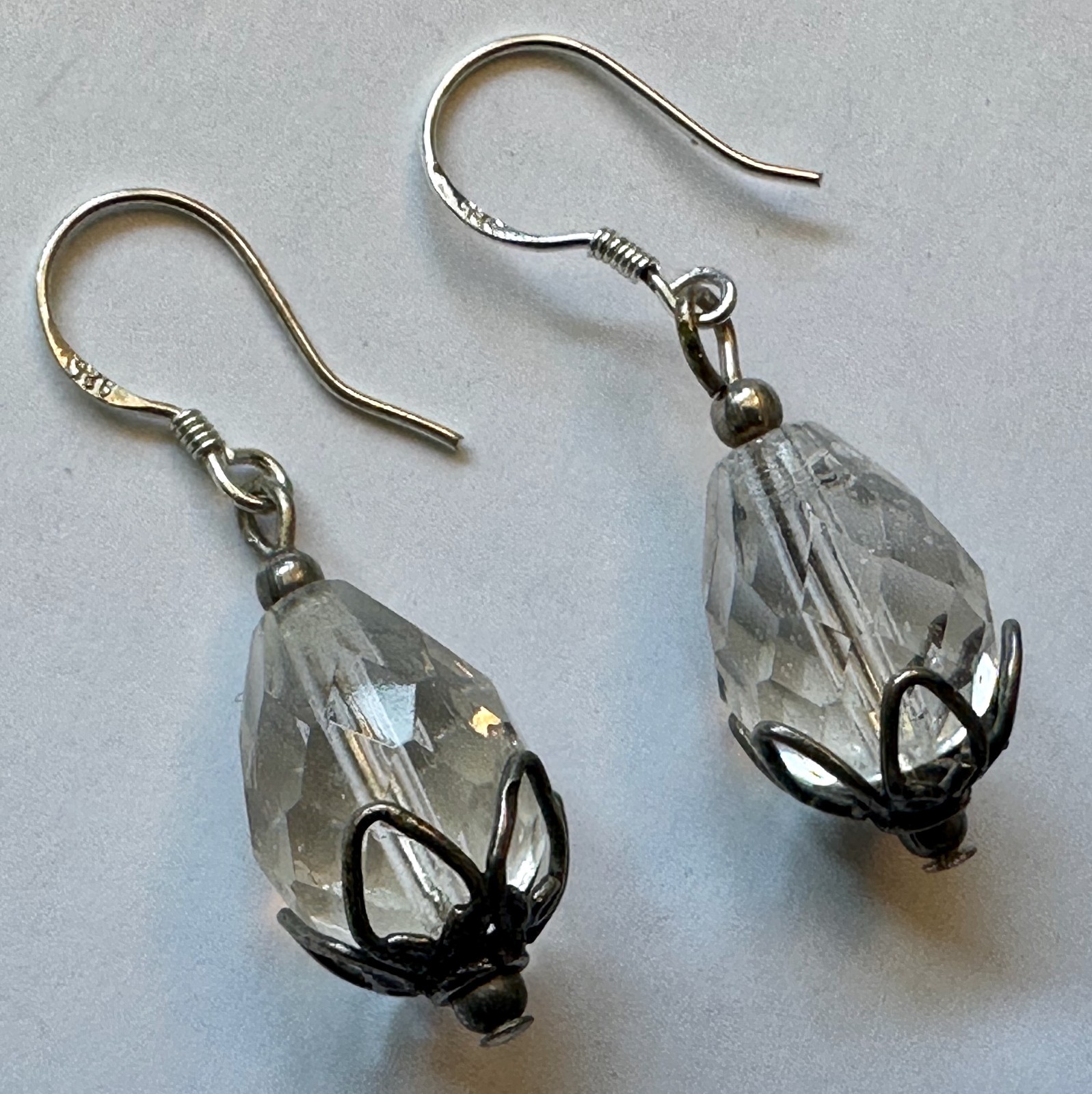 VINTAGE FACETED CLEAR TEARDROP GLASS with Beadcaps 7/8 of 1 earrings