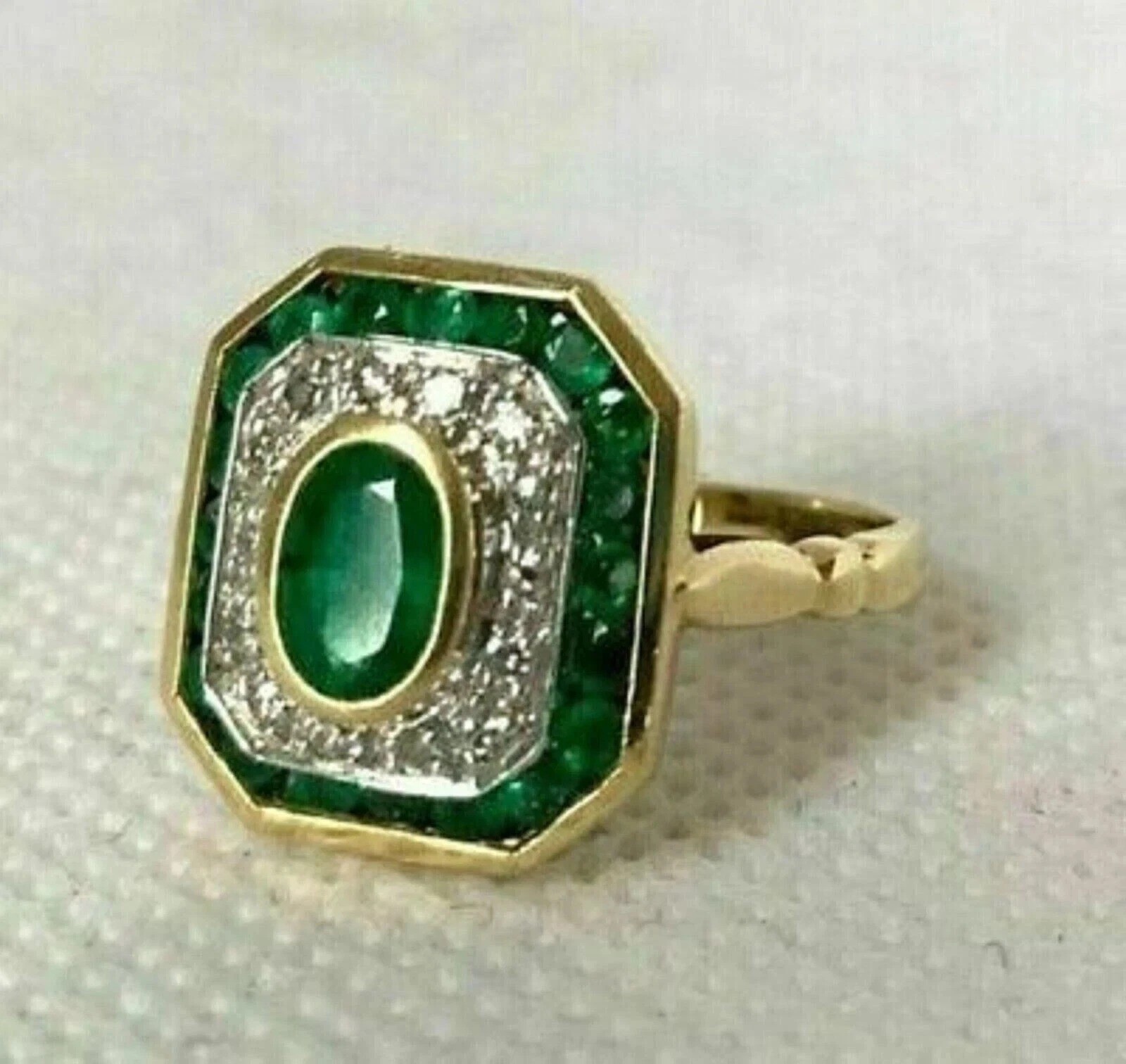 Art Deco 2CT Oval Cut Real Green Emerald Vintage Halo Ring 14K Two-Tone Gold FN