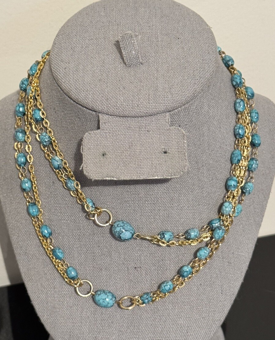 Vintage Hong Kong Necklace Multi Strand Turquoise Colored Beads Gold Tone Chains