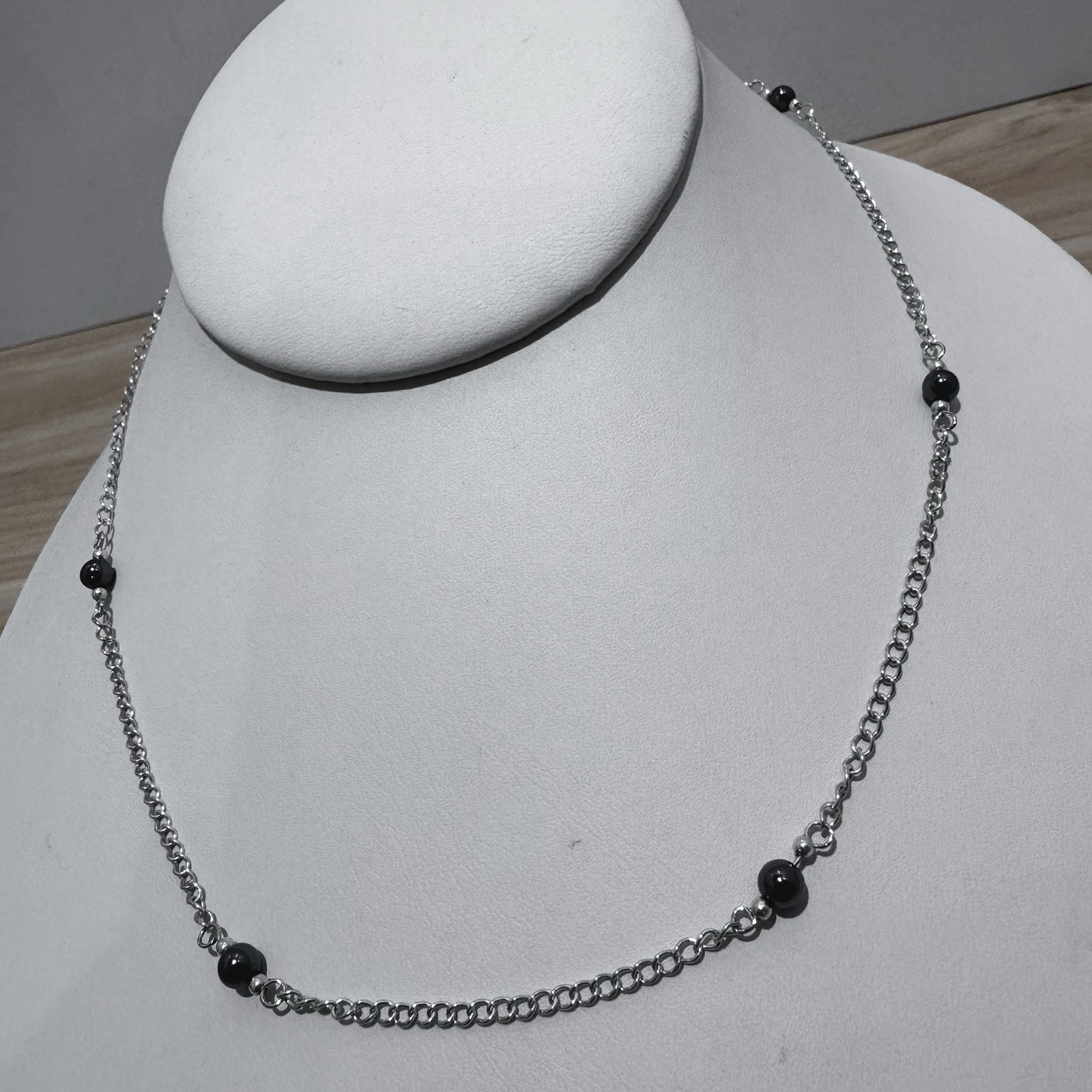 VINTAGE Sterling Silver & Hematite Bead Necklace 16” 925 Station Necklace 1990s