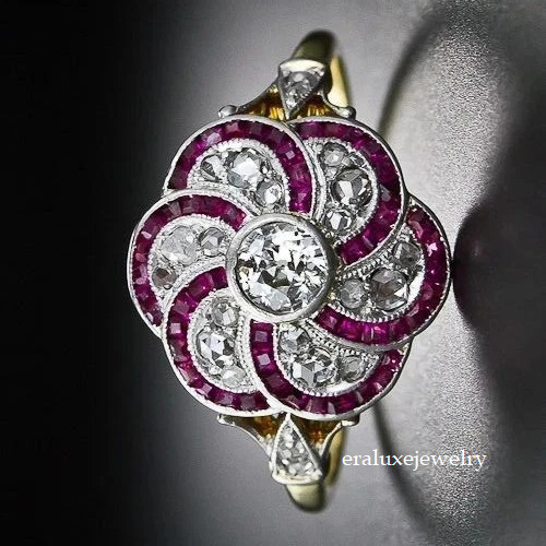 Vintage Art Deco Style Lab Created Diamond & Ruby Wedding 14K Gold Finish Ring