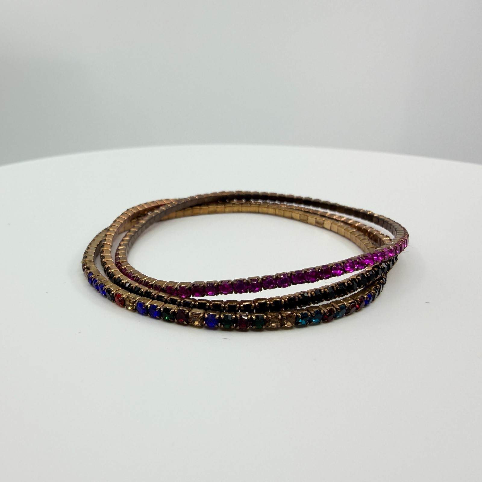 Vintage Bronze Tone Multi Color Rhinestone Stackable Stretch Bracelet Set 3 90s