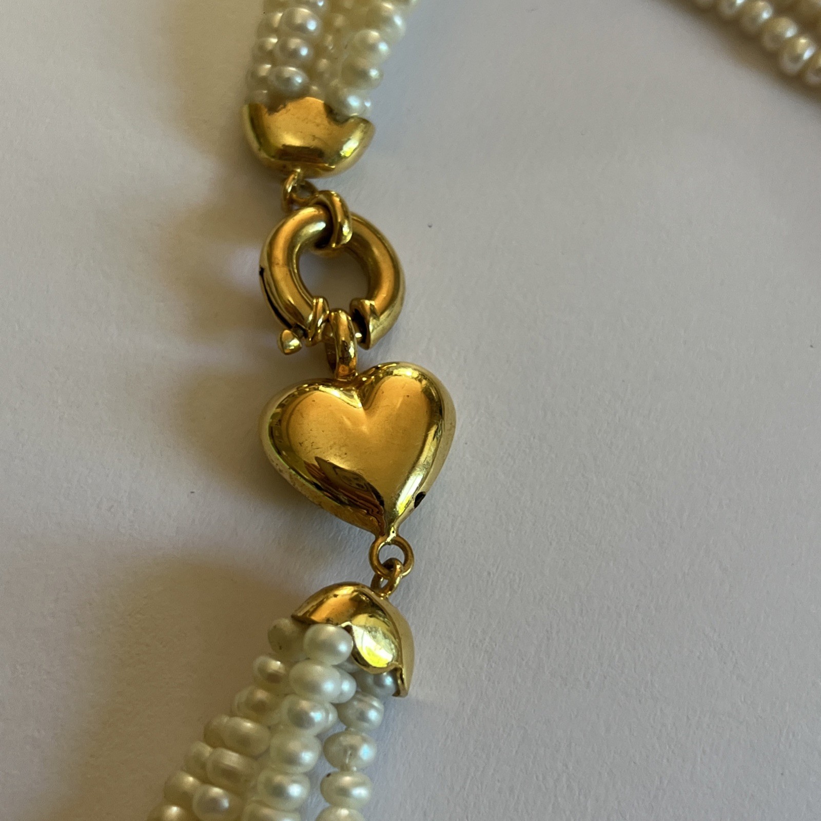 Vintage Multi-Strand Freshwater Pearl 18” Necklace Gold Tone Heart Clasp