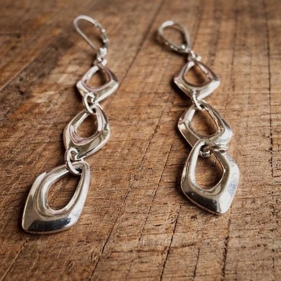 Vintage Artisan 2″ Drop Earrings Silver Tone Retro Bohemian Style