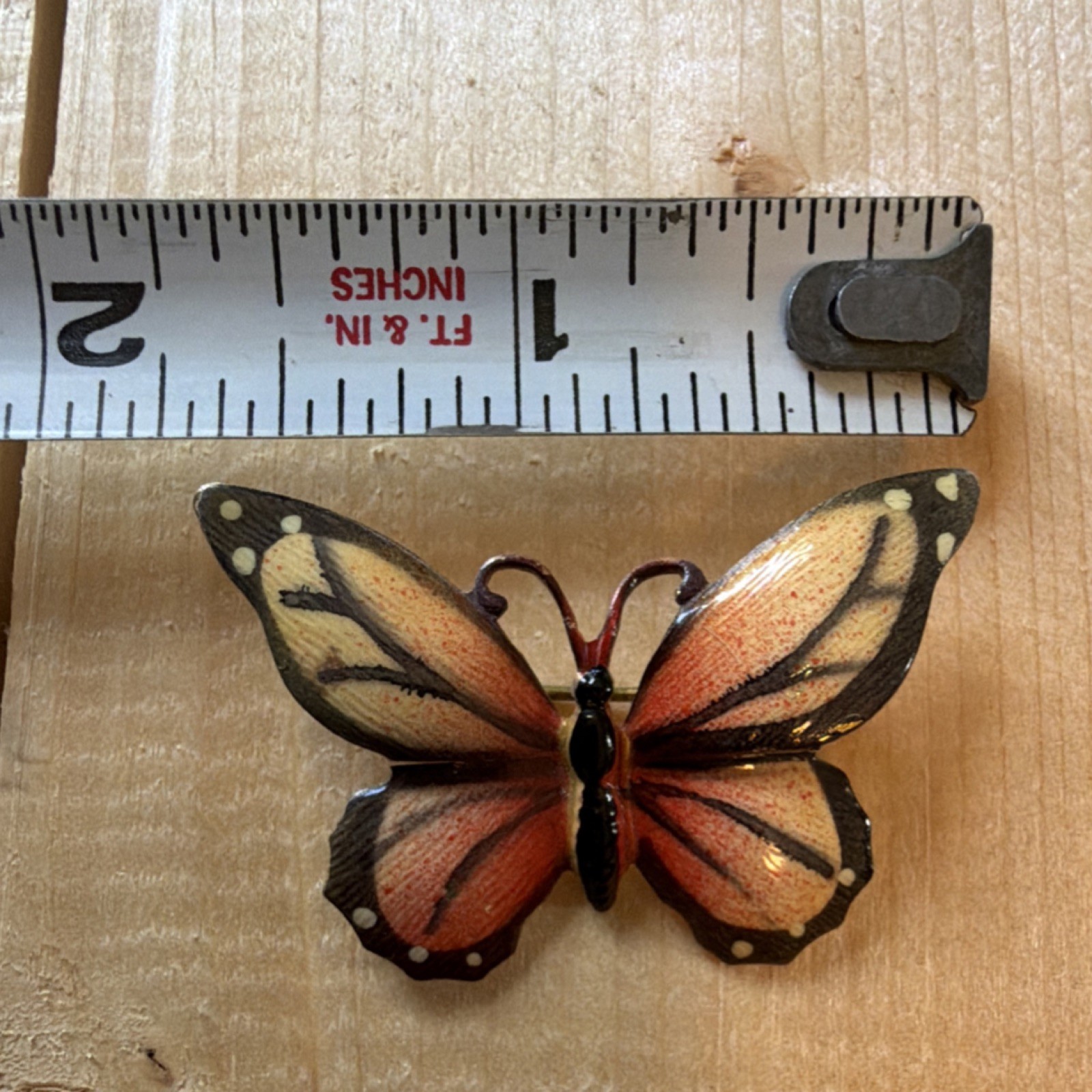 Butterfly Enamel Metal Brooch Pin Orange Black Cream 2in Made in Germany
