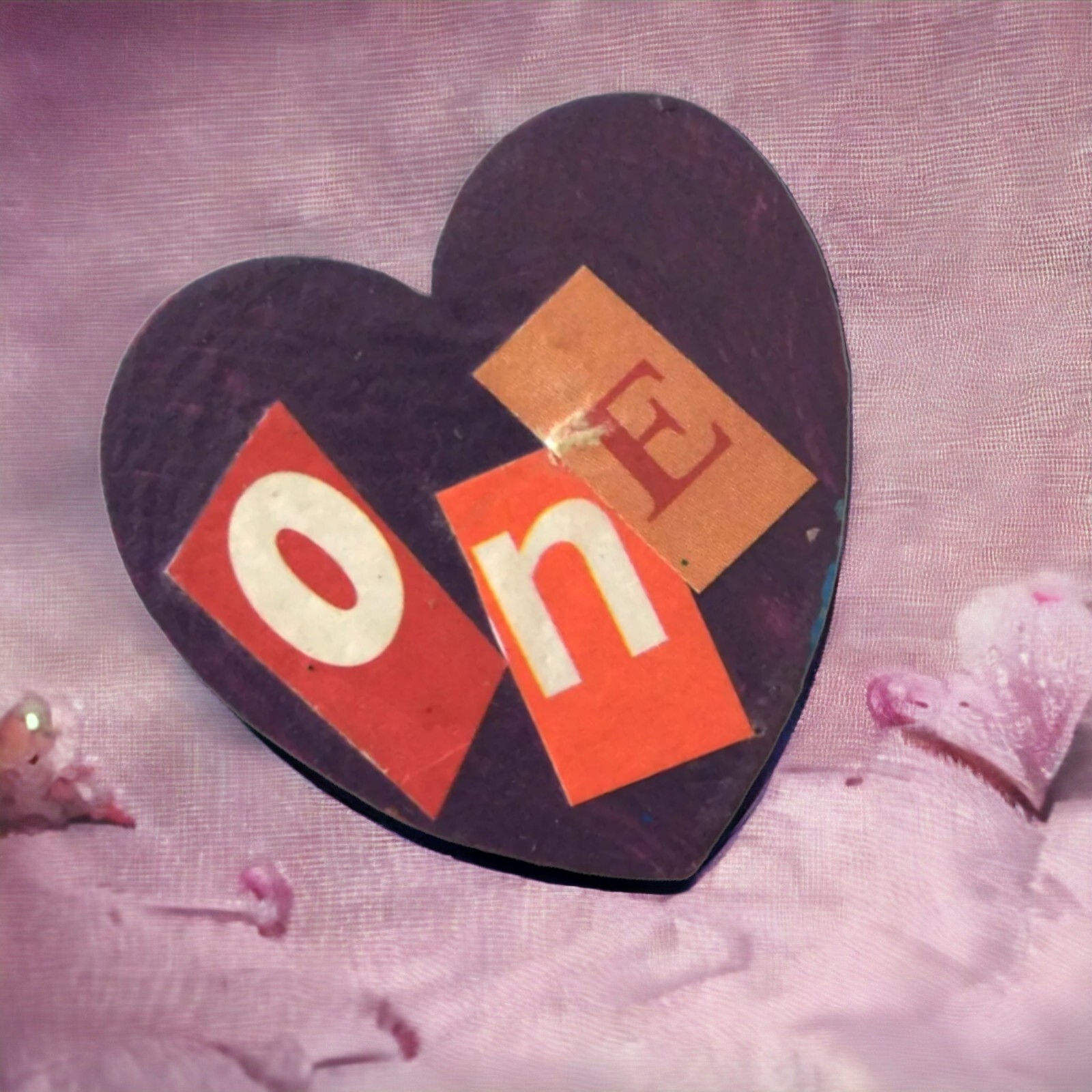 One Love Heart Brooch Pin Handmade Wooden Painted Valentine Mod Podged Eclectic
