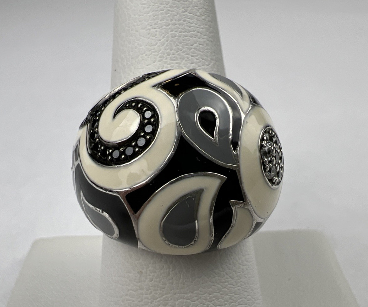 Belle Etoile Sterling Silver Black & White Enamel CZ Statement Ring Size 7.75