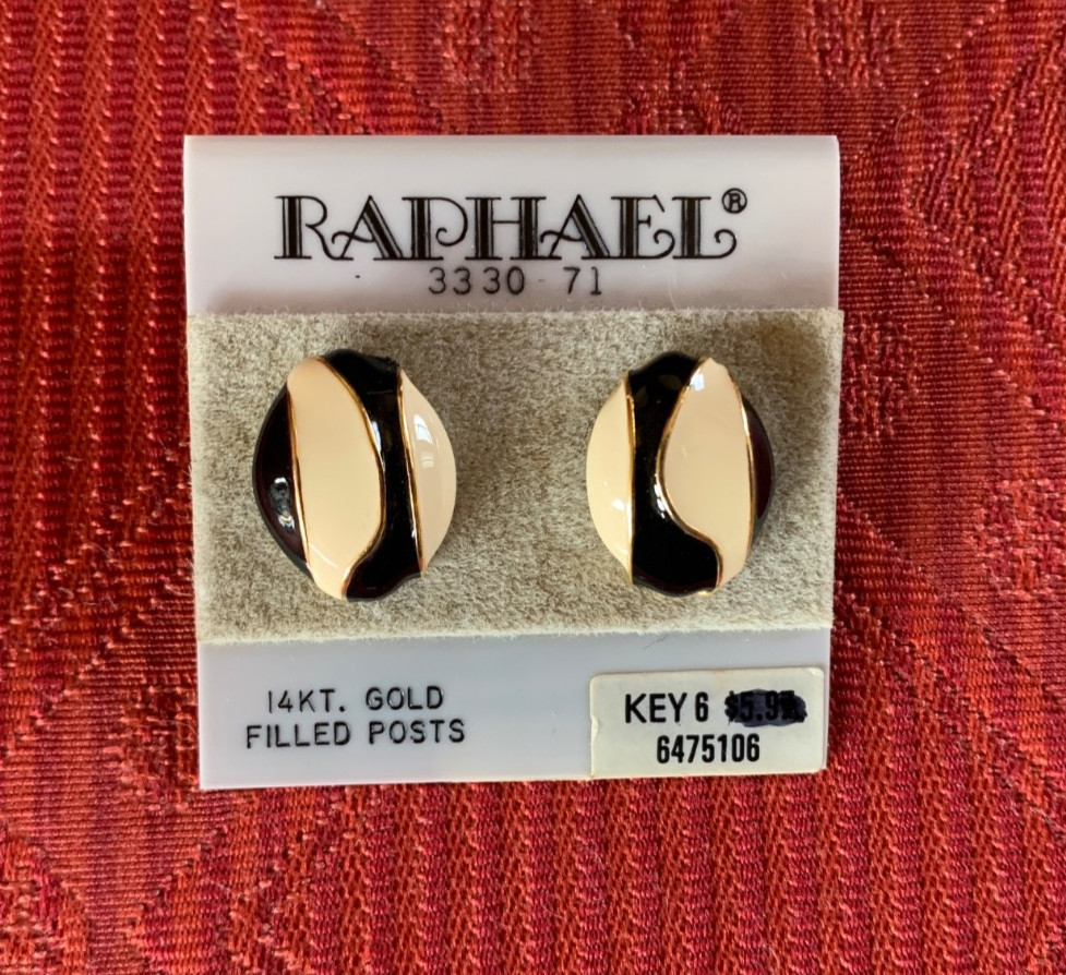 Vintage Raphael Black/White/Gold tone Enamel Pierced Earrings 14 kt Posts
