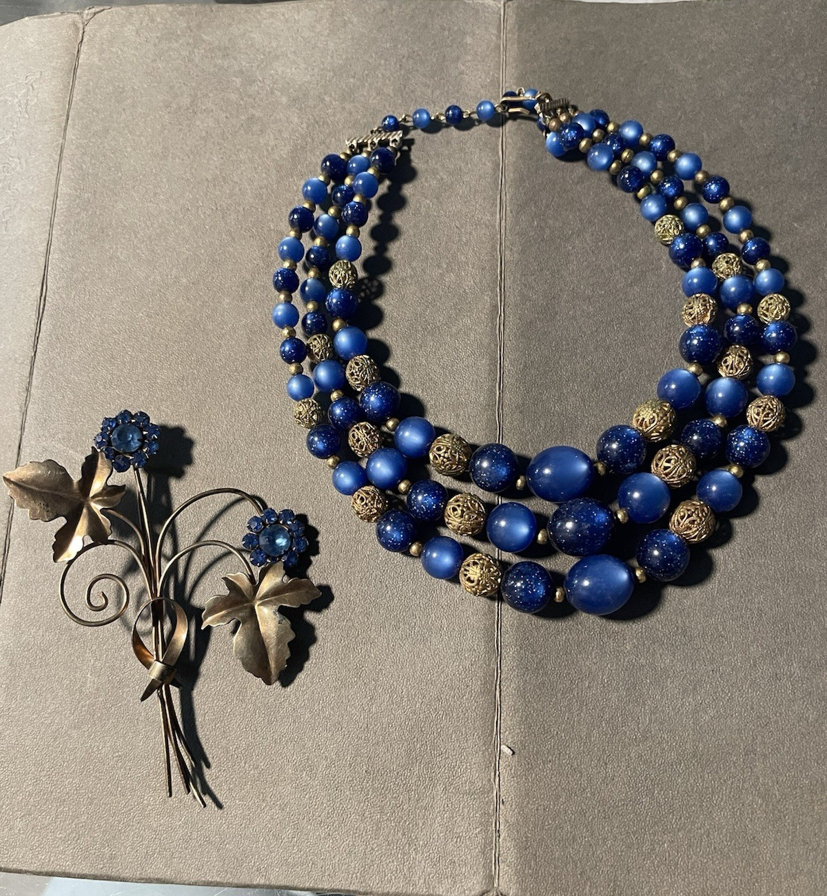 Vintage Blue Beaded Multi-Strand Statement Necklace w/ Gold Tone Accents Women’s
