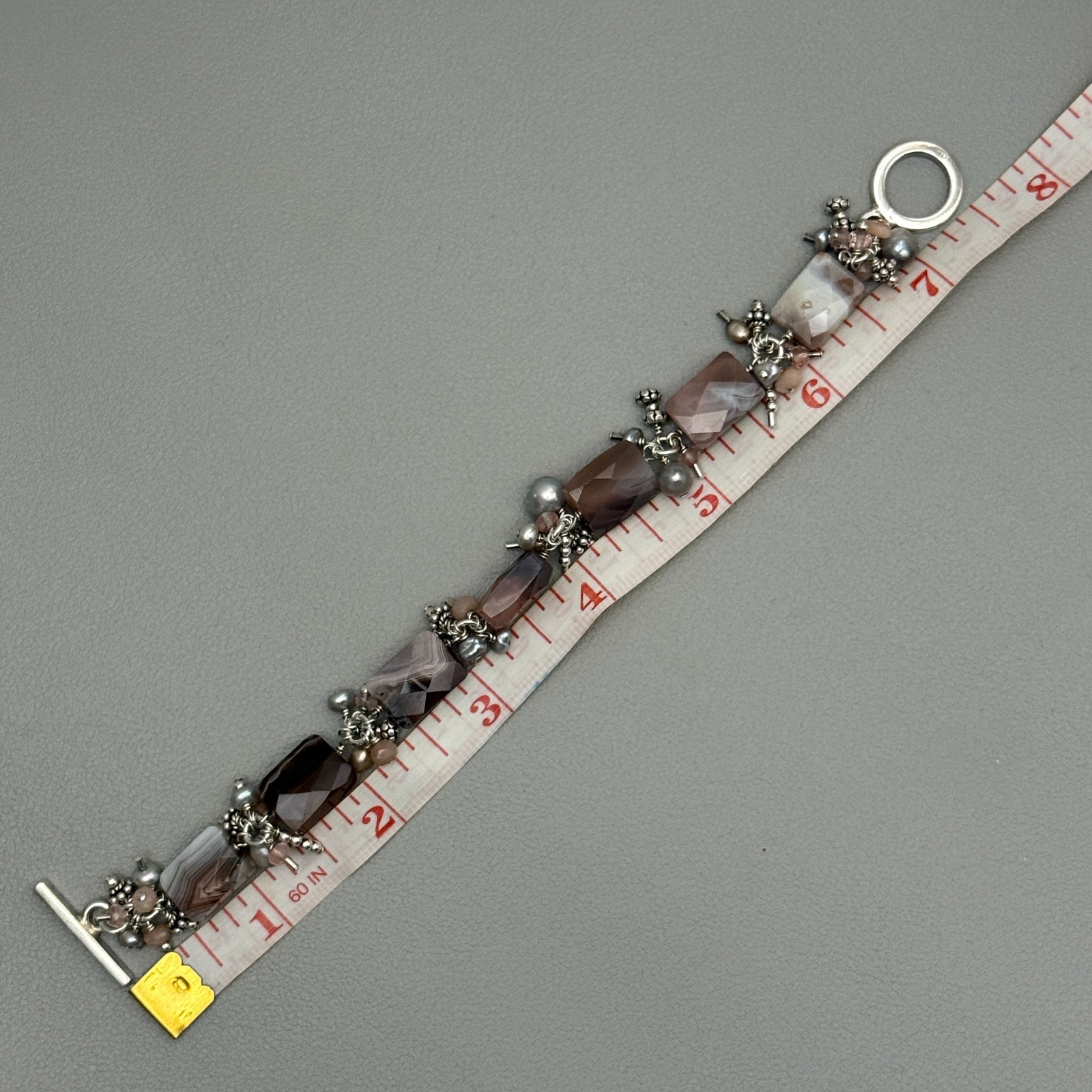Artisan 925 Sterling Silver Banded Agate Pearl Bracelet Toggle Clasp 7″ Vintage
