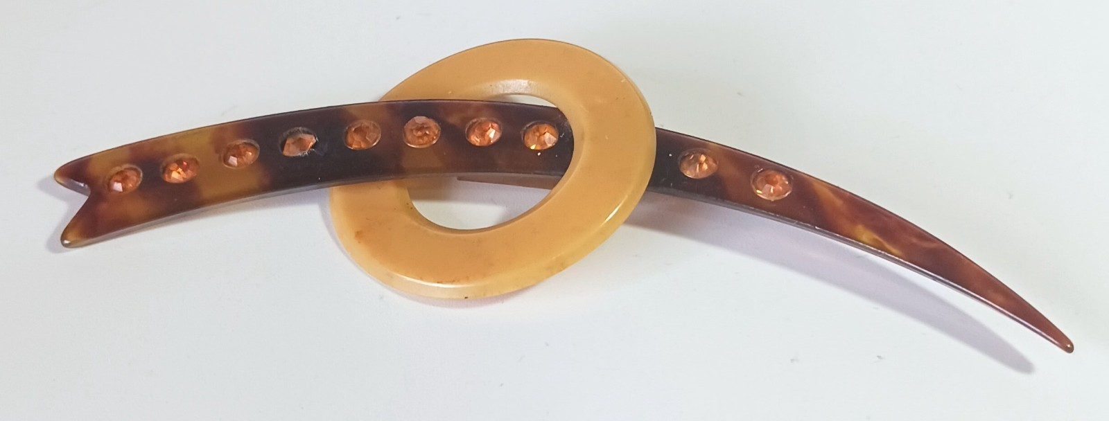 Vtg (Antique?) Art Deco Early Plastic Brooch w/ Unusual Clasp & Rhinestones