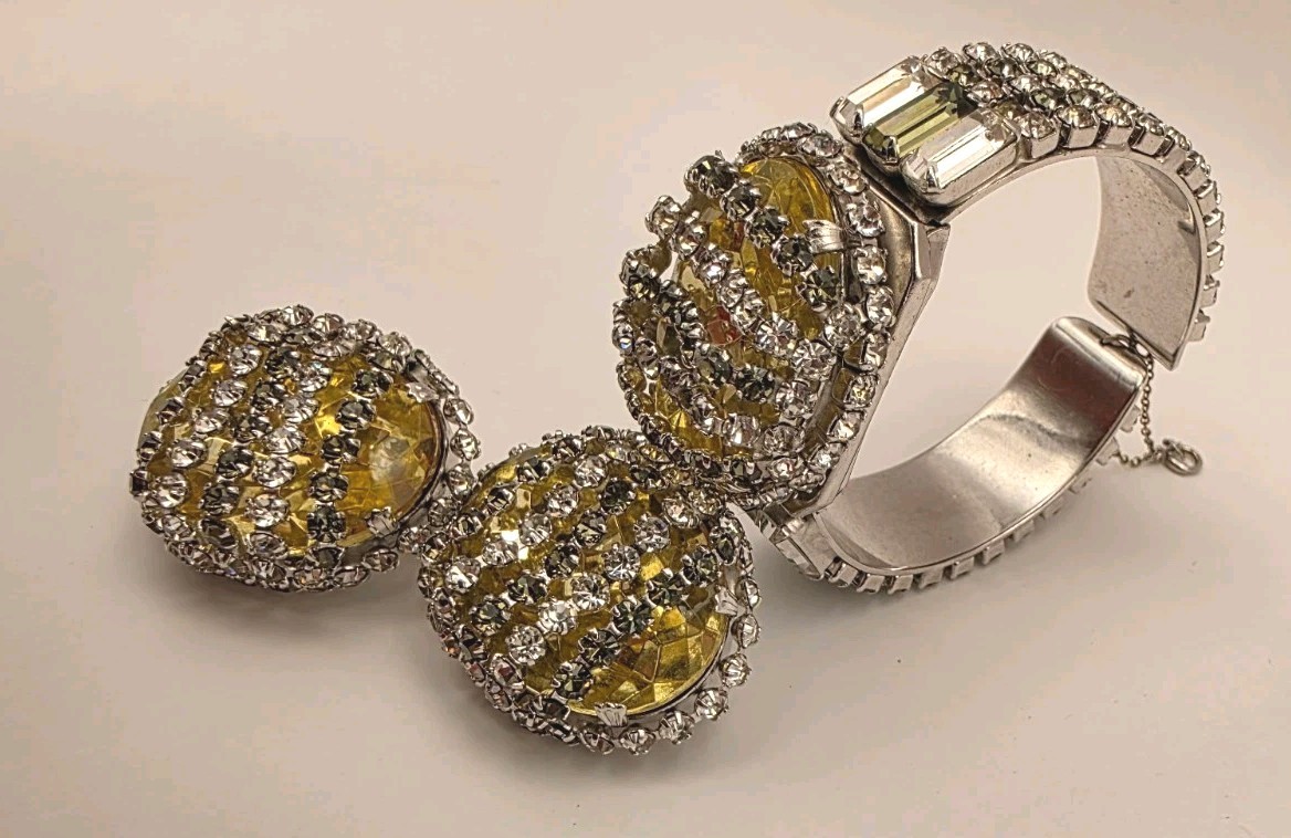 Vintage Unsigned Hobe Yellow/Grey/Clear Crystal Layered Cuff Bracelet/Earrings