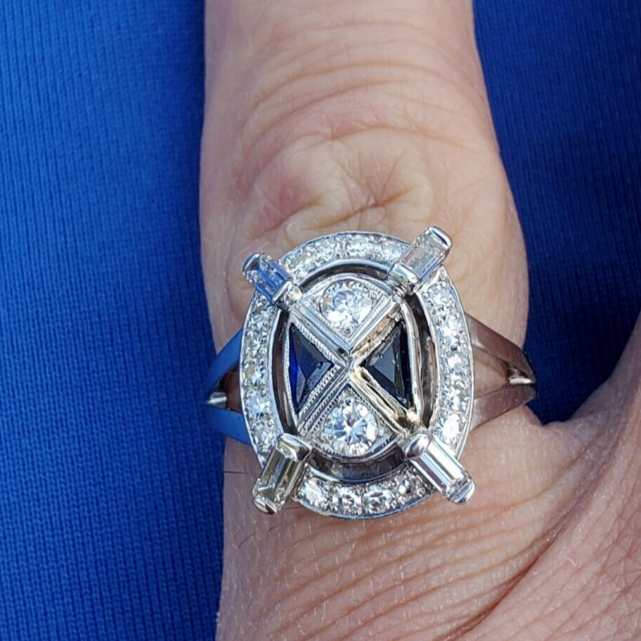 Original EARTH MINED DIAMOND Deco Sapphire Engagement Ring Vintage 18K GOLD