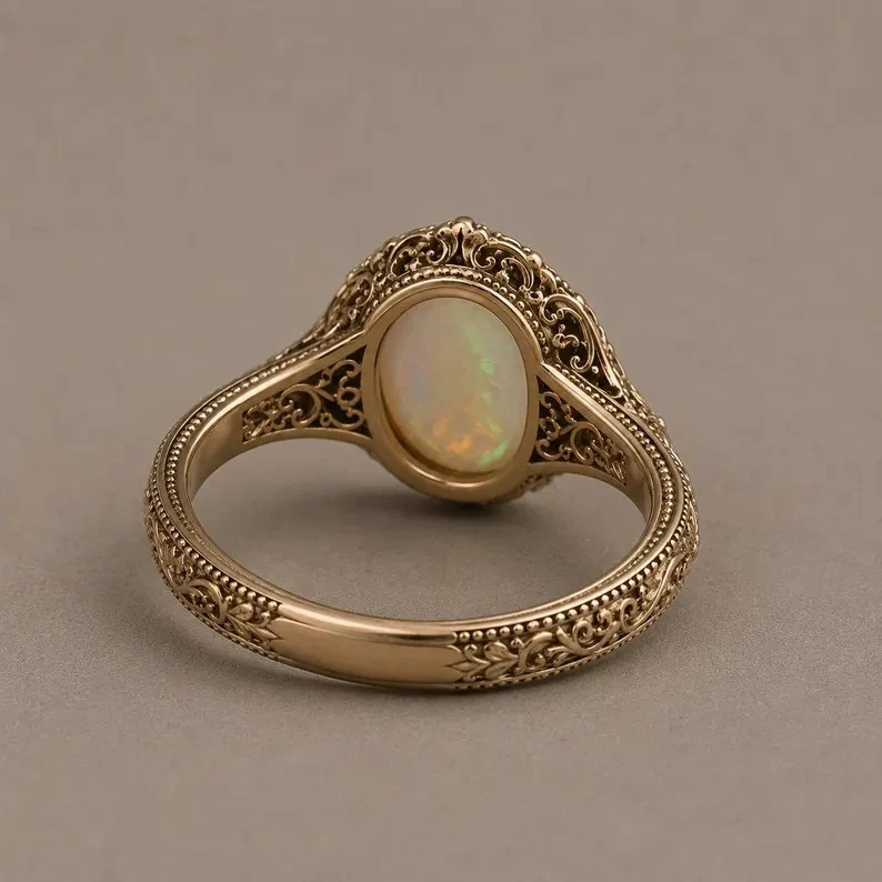 Natural Ethiopian Opal Ring 925 Sterling Silver Vintage Opal Oval Ring