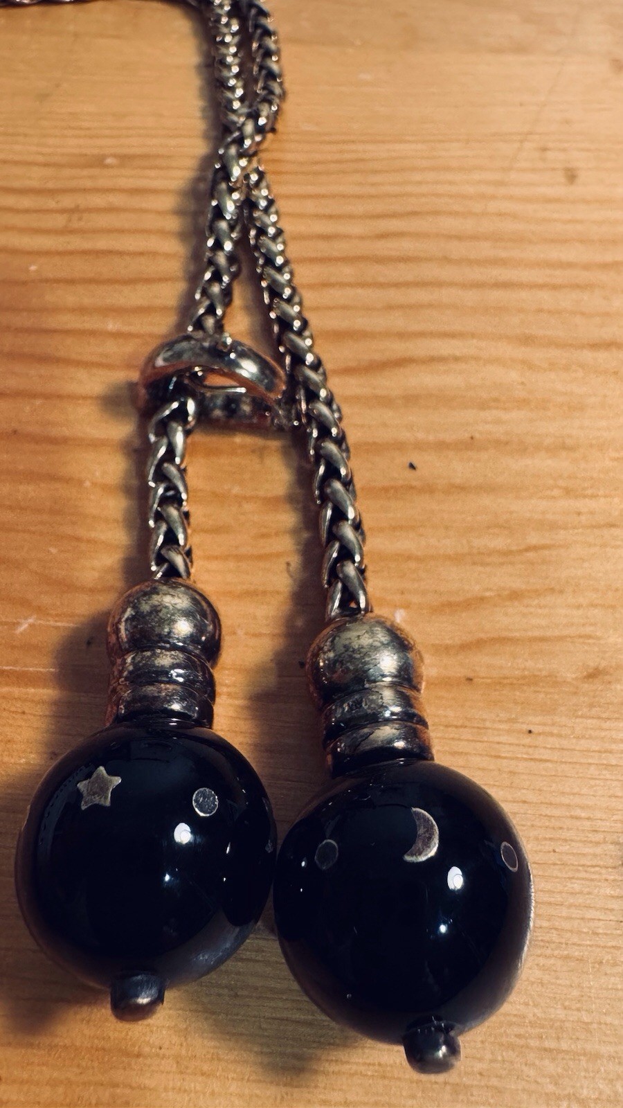 Vintage TALY 925 STERLING 78g Italy BOLO Wheat Chain Necklace Bijoux?Onyx Balls