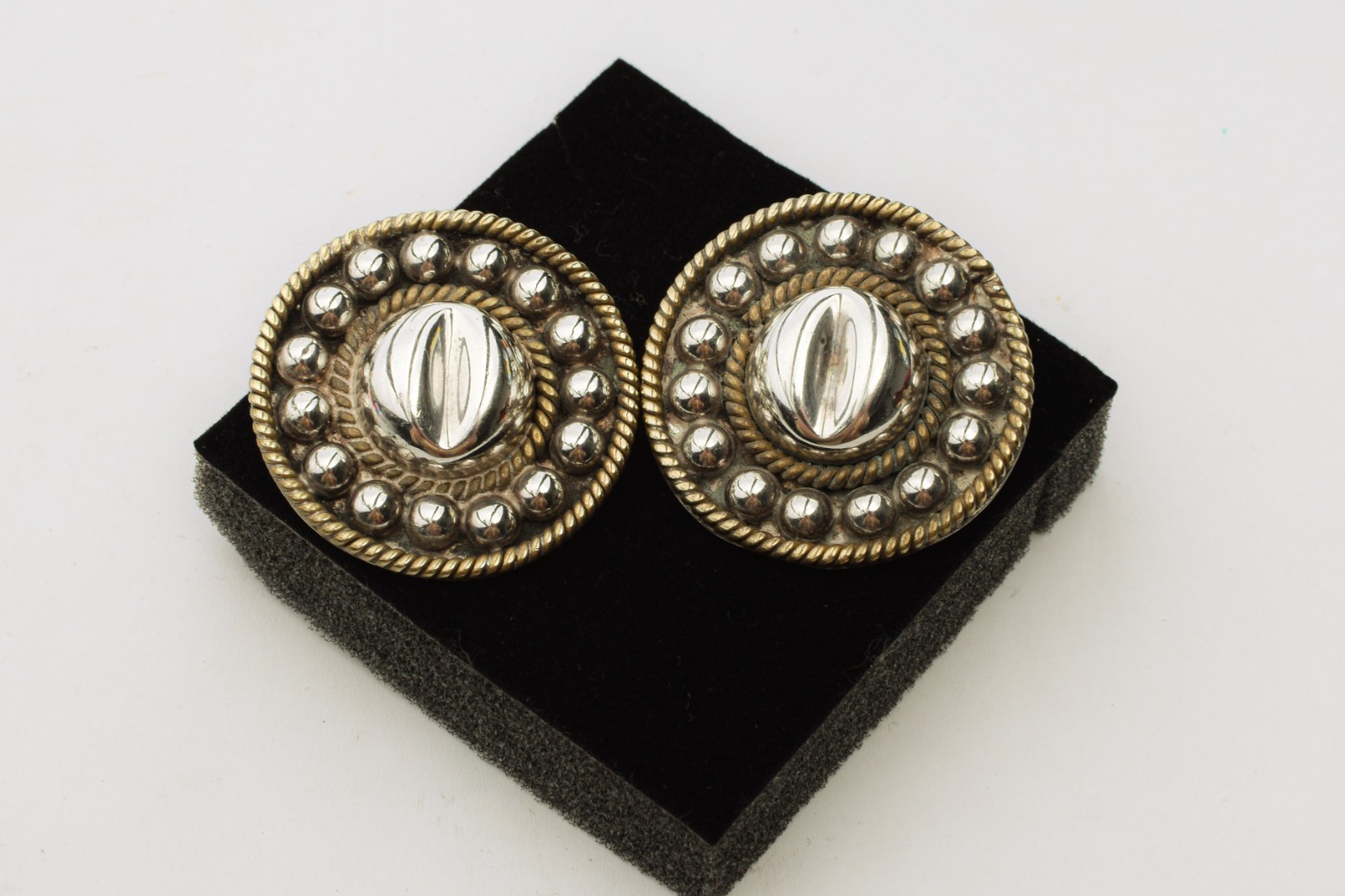 Vintage Sterling Silver Taxco Mexico 925 Two Tone Round Chunky Clip Earrings