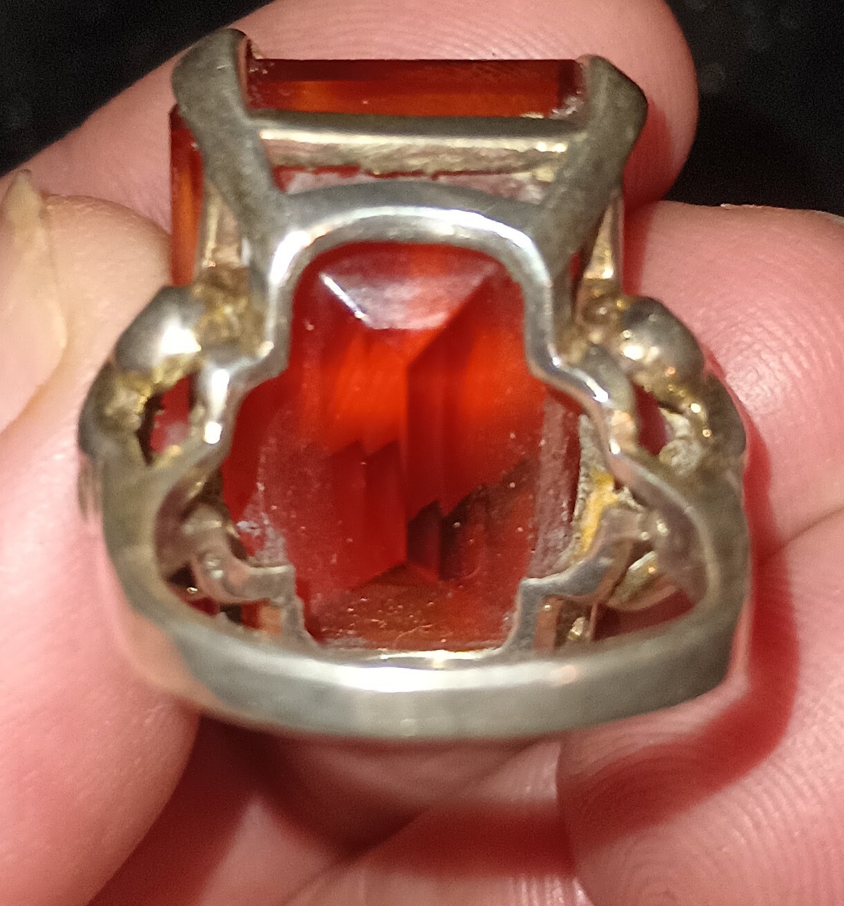VTG Sterling Silver W/Orange Glass Setting Art Deco Style Cocktail Ring Sz 6 1/2