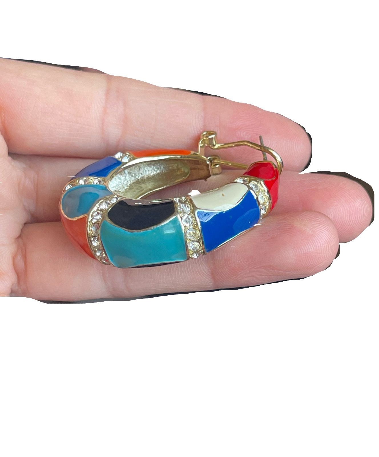 Chunky Multi Color Enamel Hoop Earrings Rhinestone Crystal Gold Tone