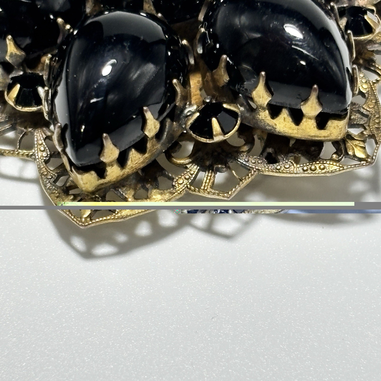 Vintage Brooch Pendant Teardrop Black Glass Cabochons Double Layered 2-1/8″ Long