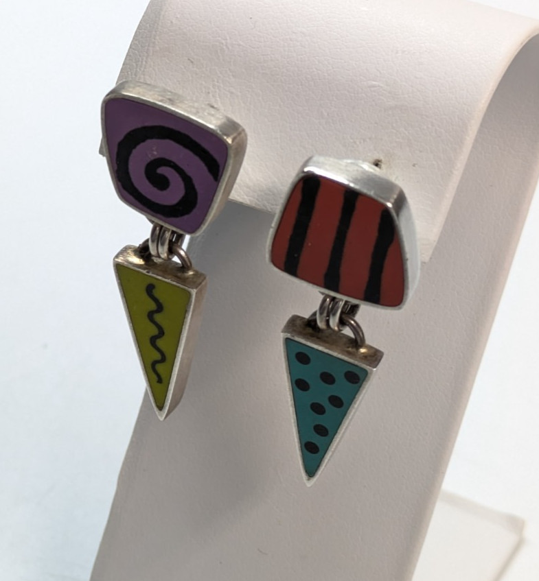 Susan Dyer Sterling Silver & Polymer Clay Artisan Swirl Pierced Earrings 1 5/8″