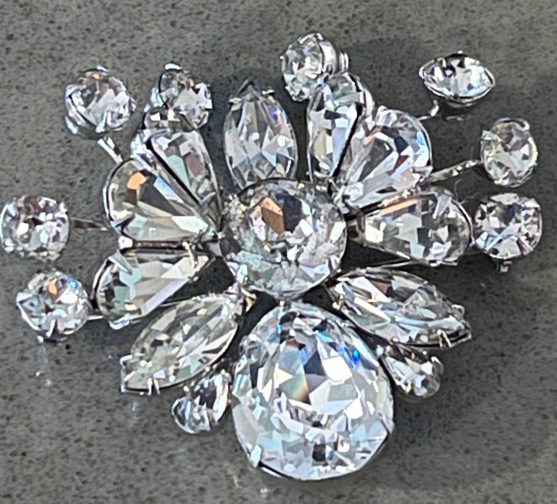 Vintage Eisenberg Clear Rhinestone Spray Brooch Signed Rhodium Crystal 1940 Used