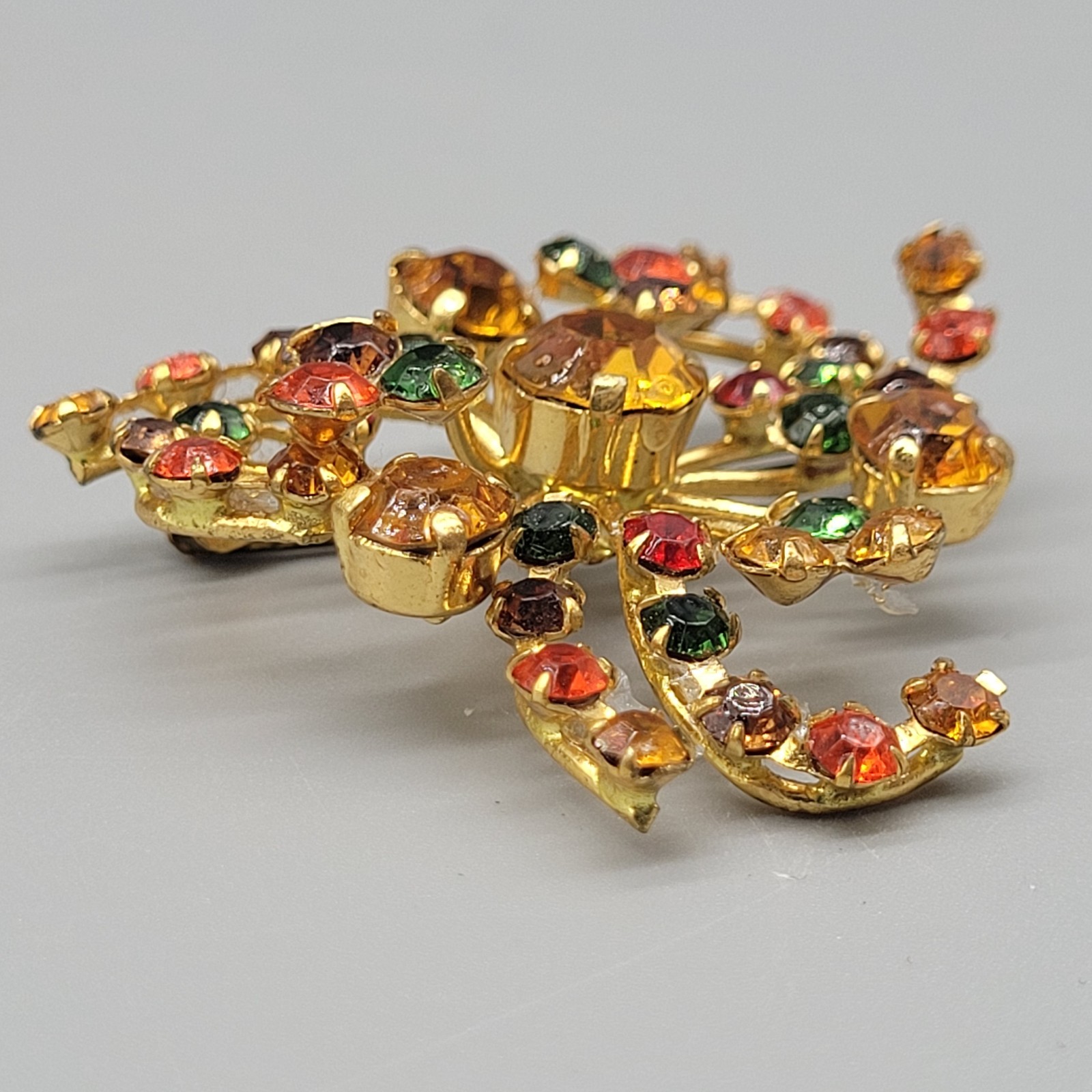 Vintage Multi-Color Rhinestone Brooch Made In Austria Orange Green Yellow 1.5″W