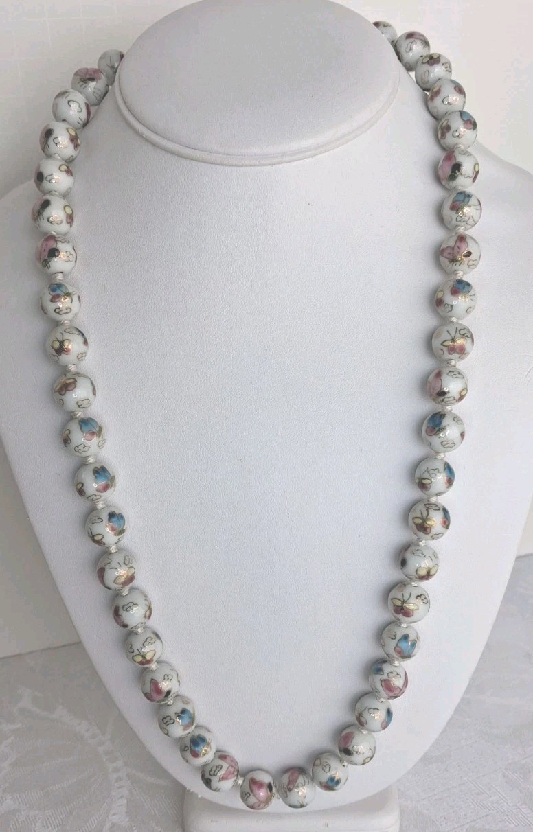 Vtg Cloisonne enamel Knotted butterfly design Gold Beads Wedding Necklace 24 in