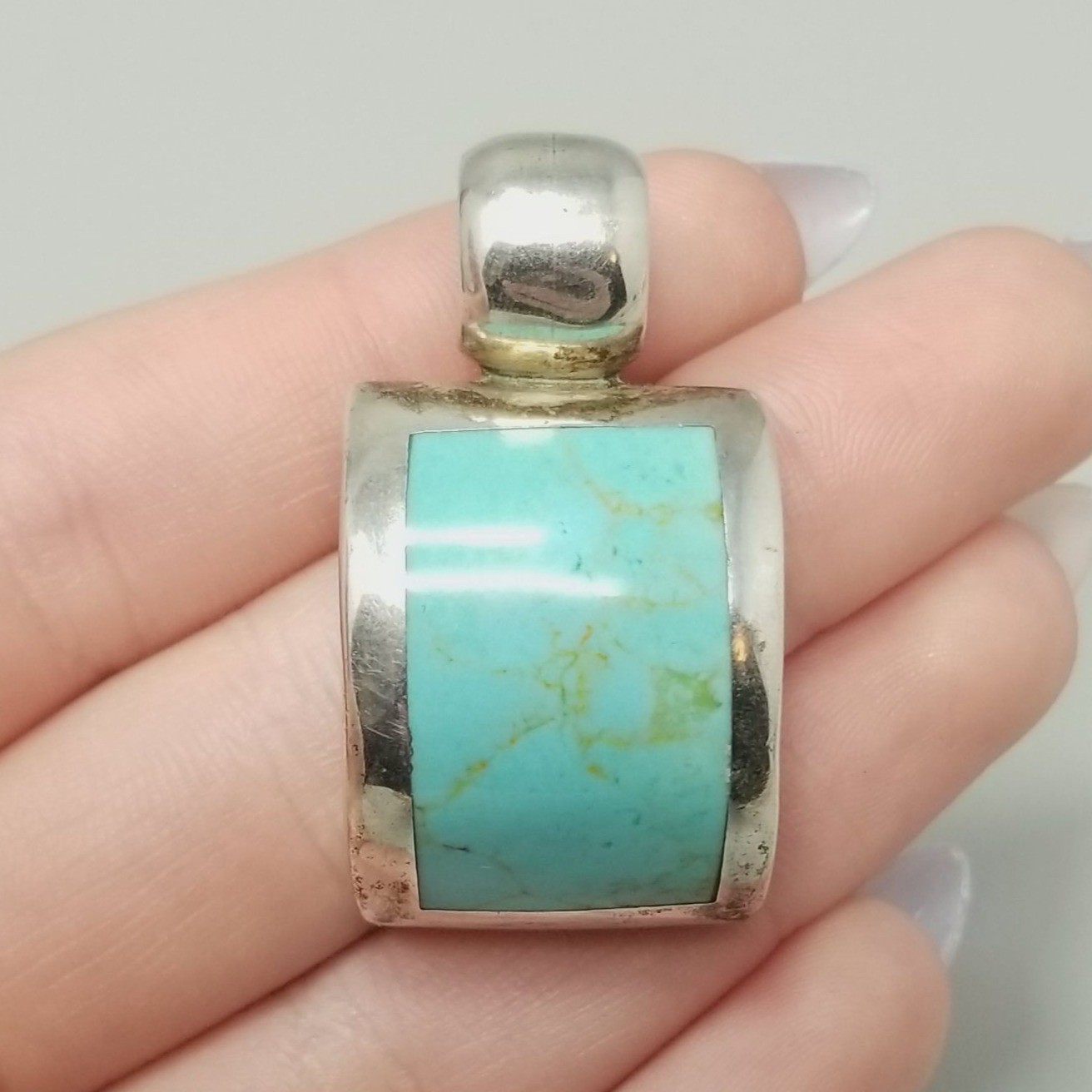 Vintage Sterling Silver Blue Stone Pendant Curved Rectangle Mexico 1 1/2 Inch