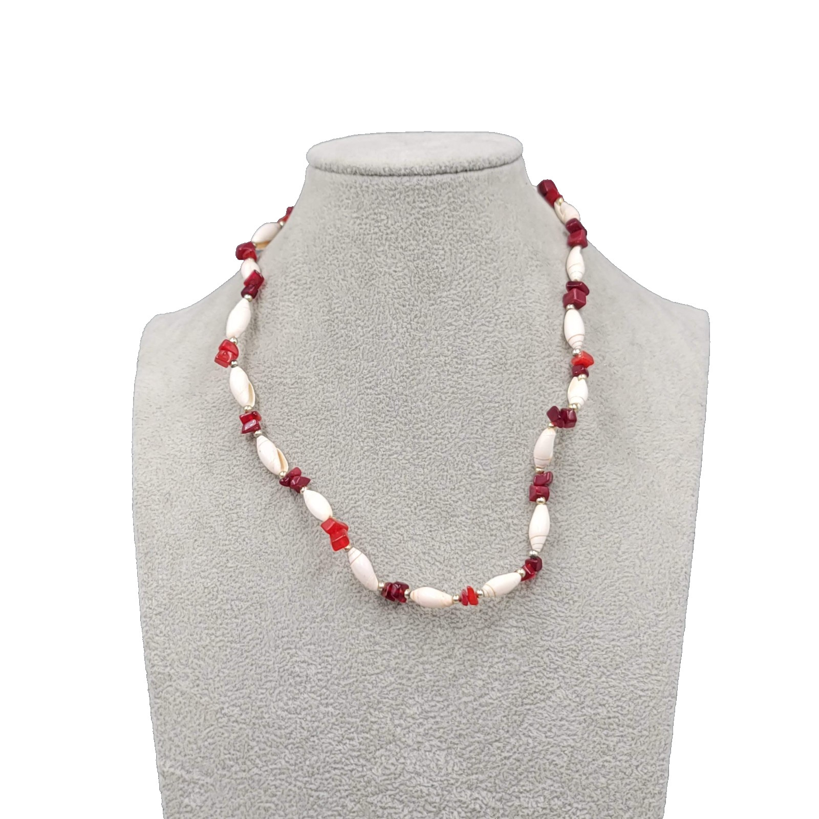 Vintage Seashell and Red Stone Bead Necklace Estate Costume Jewelry 18″