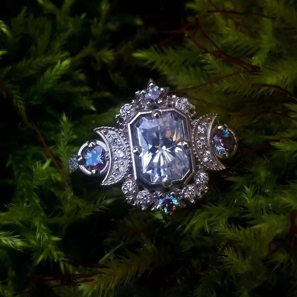 Vintage Style Art Deco Lab Created Diamond Moon Goddess Engagement Silver Ring