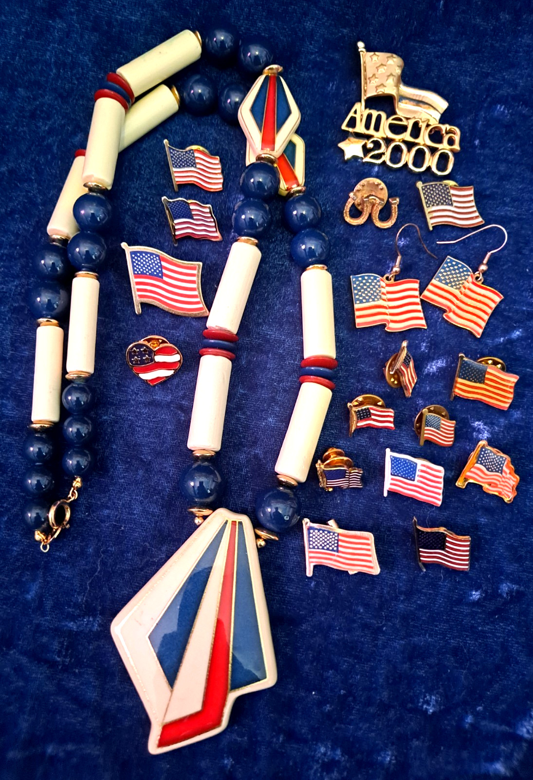 Vtg Americana Red White & Blue Jewelry Lot Necklace Flag Pins Earrings