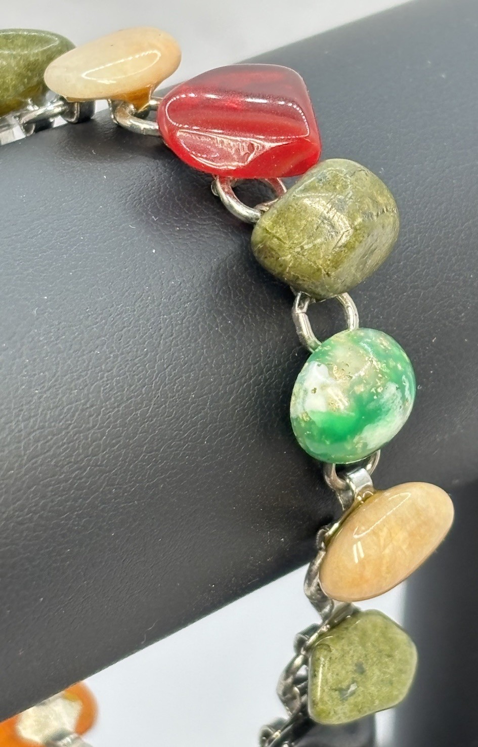 Vintage Link Polished Stone Glass Tumbled Agate Bracelet Rainbow 6.5”