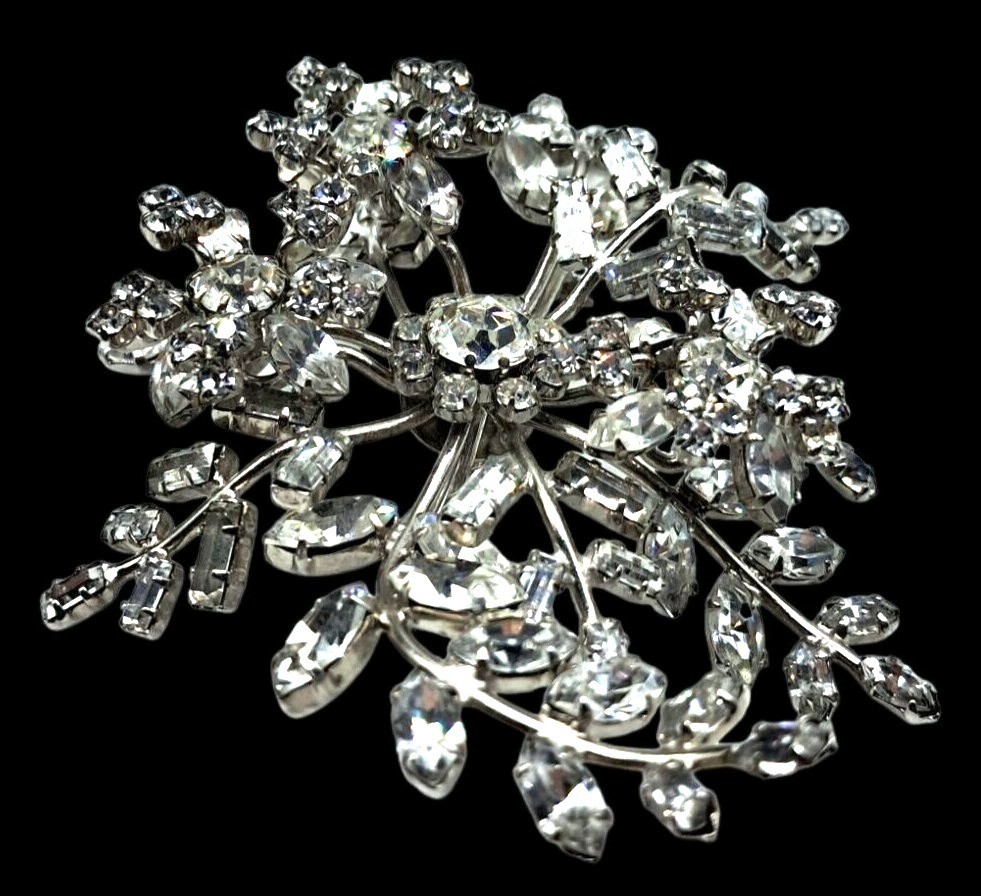 Vintage Rhinestone Floral Brooch Massive Pin Austria ? Costume Jewelry