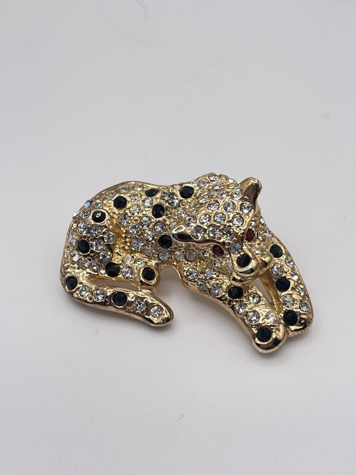 Vtg Signed Roman Black & Clear Pave’ Rhinestone Panther W/Red Eyes Brooch