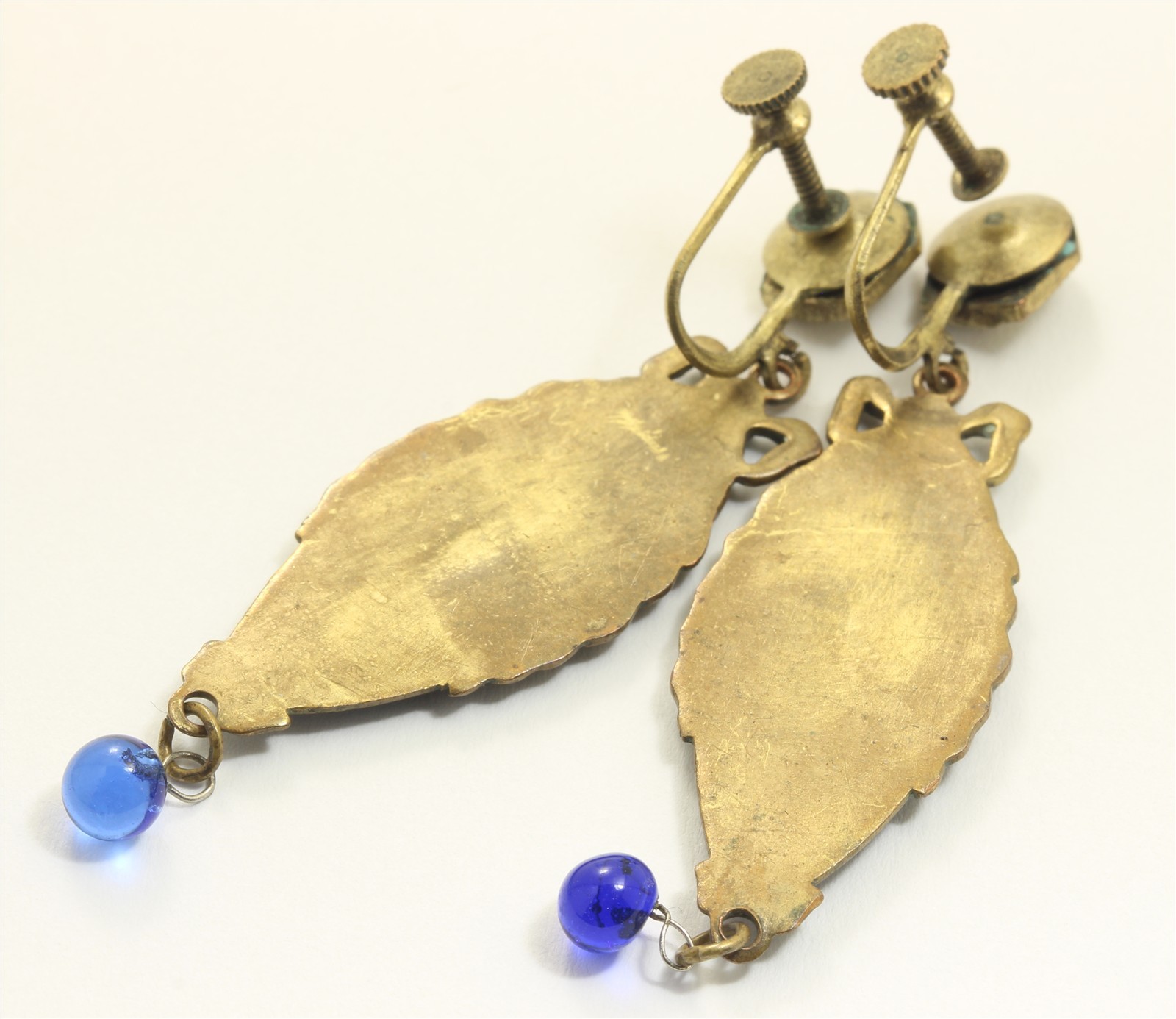 Vintage Art Deco Egyptian Revival Czech Enamel Pharaoh Dangle Screwback Earrings