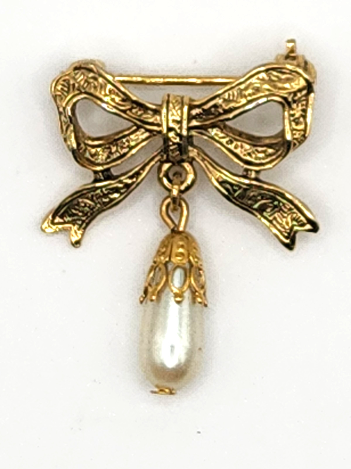 Victorian Revival Style Embossed Bow Brooch w Pendant Teardrop Faux Pearl Drop