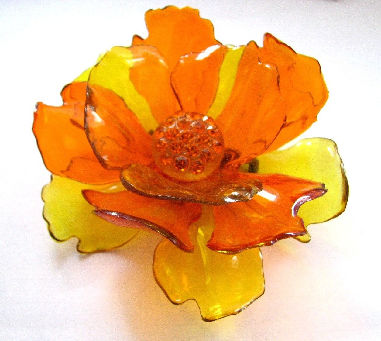 Gorgeous Vintage 1960s Massive Rhinestone Vibrant Orange Yellow Acetate Brooch