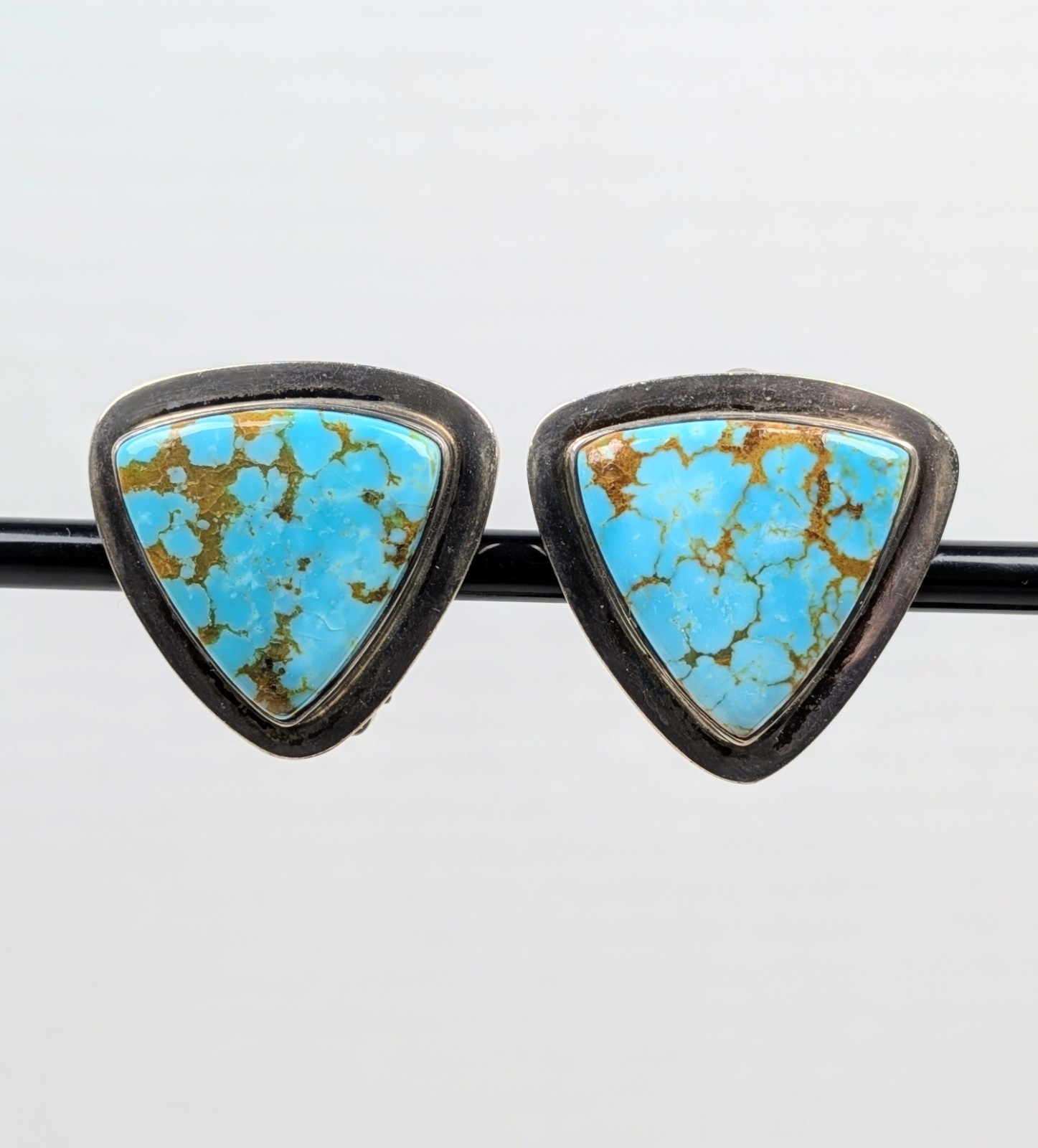 Vintage Turquoise Silver Earrings Triangle Geometric Sterling Bevel Set Clip On