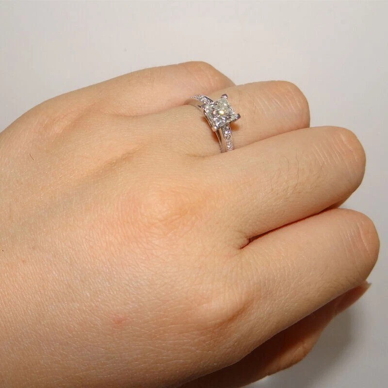 Art Deco Style Princess Lab Created Diamond Anniversary 14K White Gold FN Ring
