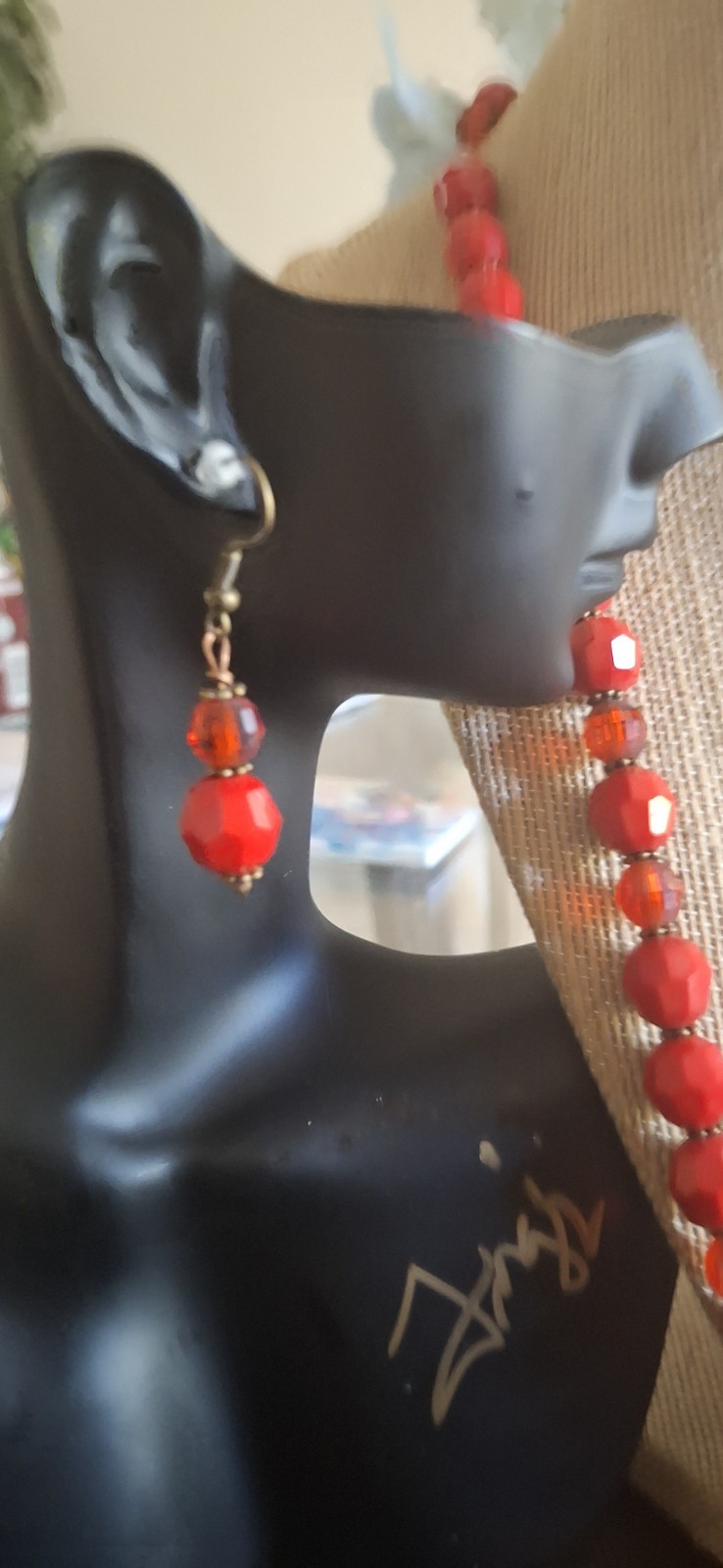 Ladys Red & Clear Faceted Rondell Bead Necklace & Earring Fits Any Occasion Vtg