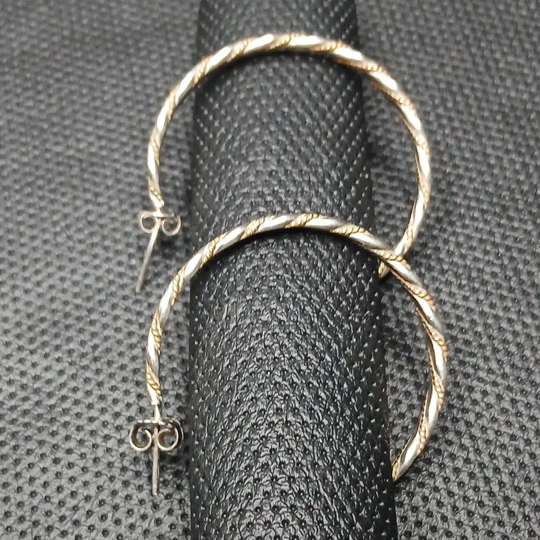 STERLING SILVER 925 Hoop Earrings Rrapped W/Gold Over Chain. 14.483