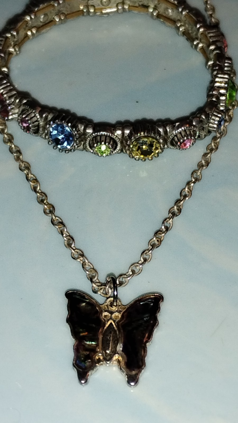 Vintage Butterfly Charm Necklace Korea & Antique Silver Rhinestone Bracelet Set