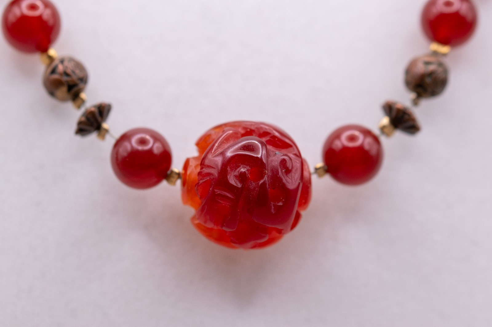 Vintage Carnelian Agate Beaded Necklace Carved Focal Art Deco Revival 17”